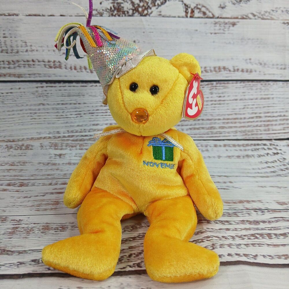 Ty Beanie Baby Plush November the Teddy Birthday Bear Party Hat  Yellow